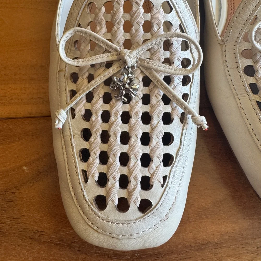 Tory Burch Cream Perforated Leather Loafers with Bow - Picture 3 of 7